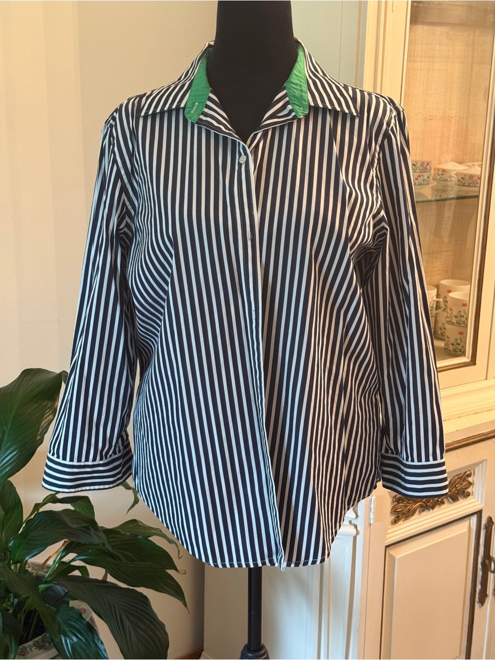 Women’s Black & White Striped Button-Front Shirt with Green Accent Collar
